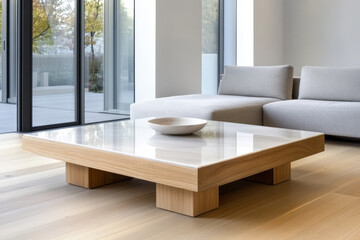 Fototapeta premium Modern living room with elegant coffee table and cozy seating in a bright space