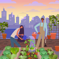 Urban Rooftop Gardening at Sunset – Sustainable City Farming Concept