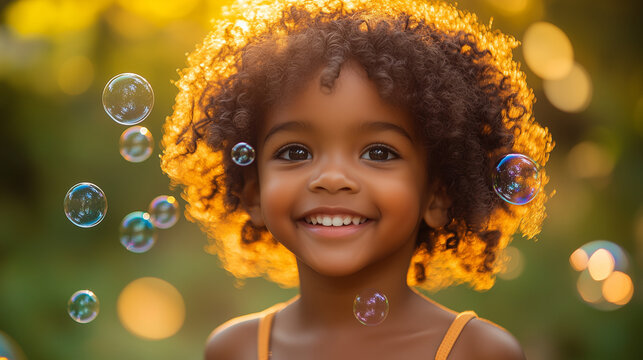 Happy child playing with bubbles in the air outdoors