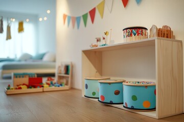 Colorful kids' play area with wooden toy shelf and soft seating