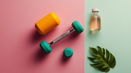 Flat lay of yoga essentials: top-view minimalist workout gear arrangement.