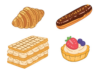 hand drawn pastry croissant fruit tart eclair puff mille feuille french bakery sweets