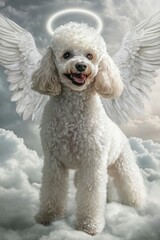 White Poodle with Angel Wings in Clouds