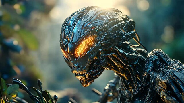 Fantasy animation scene mysterious cybernetic being. A close-up view of a futuristic, metallic figure with glowing eyes, suggesting a blend of technology and life, set against an organic environment.