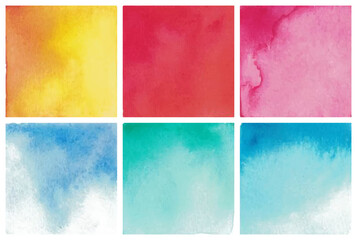 Naklejka premium Set of six vector watercolor backgrounds bright flowers. Square banners with place for text on white background isolated on white background.