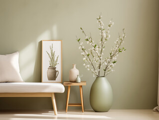 Spring minimalist japandi  inspired modern living room interior with sage walls, light color couch, minimalist decor in sage color