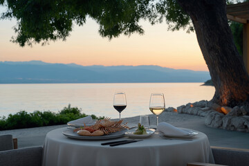 Fototapeta premium Dining with a view of the serene lake at sunset from a beautiful outdoor setting