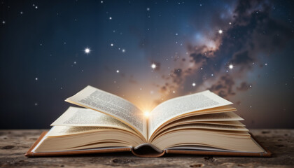 Starry night sky emerging from open book on wooden surface, magical exploration