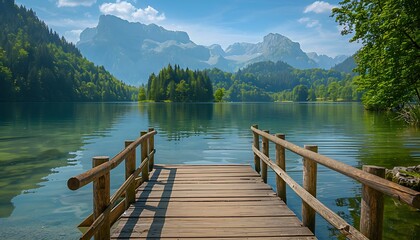 Obraz premium Wooden pier on the lake in the mountains. Summer landscape.