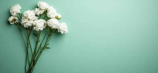 White flowers bouquet on teal background.