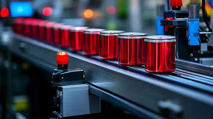 Red Metallic Cans Moving Along An Automated Conveyor Belt In An Industrial Factory