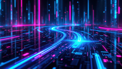 Obraz premium Digital abstract representation of cloud computing, container orchestration, and DevOps technology concepts with vibrant neon lights and a futuristic vibe.