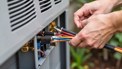 Hands disconnecting power cables from HVAC unit, skilled maintenance
