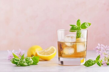 Fototapeta premium Refreshing basil lemonade served in glass with ice cubes, garnished with fresh basil leaves, accented by lemon slices and flowers. Concept focuses on basil lemonade and summer vibes