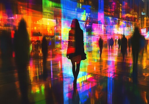 Woman Silhouette In Vibrant Neon City Nightscape Urban Art Piece in Cityscapes at Night. Abstract Cityscape Illustrations. Digital Art of Nightlife in the City. Dark Urban Alley at Night. Silhouette