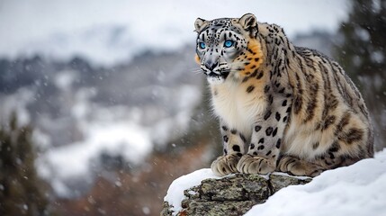 Fototapeta premium Majestic Snow Leopard perched on a snowy mountain ledge its thick fur blowing in the icy wind piercing blue eyes locked onto something in the distance