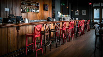 Fototapeta premium Interior Of Empty Bar With Wooden Paneling And Colorful Barstools With Lighting