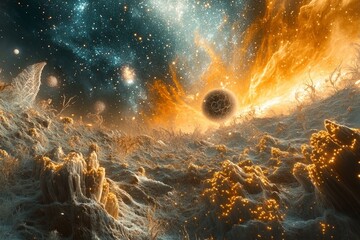 Surreal cosmic landscape with glowing formations, a vibrant orange celestial body, and a star-filled sky. Alien terrain meets a cosmic explosion