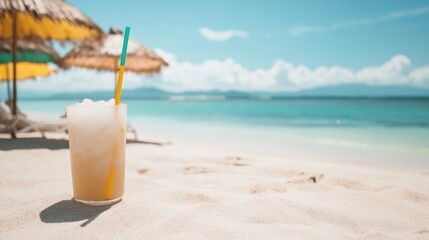 Refreshing tropical drink on sunny beach with umbrellas and ocean view