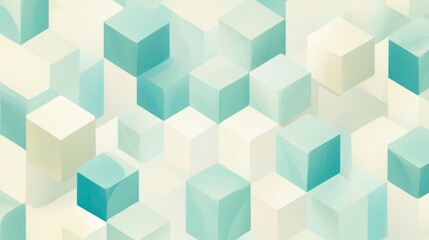 Obraz premium A smooth minimalist background with isometric illustrations of overlapping cubes in shades of light teal and soft grey