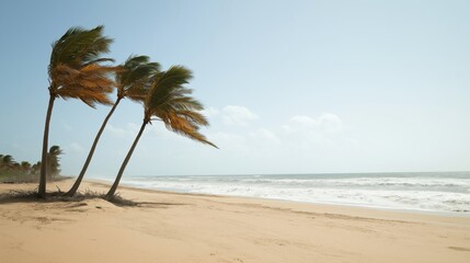 Obraz premium Windswept palm trees on a tropical beach: nature's raw power and coastal beauty