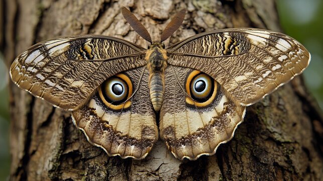 Majestic Owl Butterfly resting on a tree trunk its enormous eye like wing patterns mimicking an owl's gaze textured wings blending into the bark natures camouflage at its finest