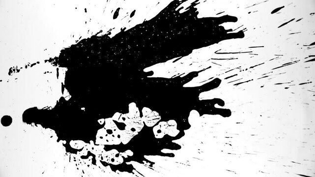 Spraying black paint on a white background. Spray of ink over the white surface. Black watercolor paint spraying. Particles of black paint scatter on white paper. Close up.