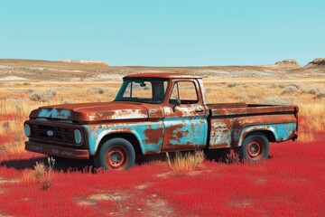 Fototapeta premium A weathered vintage truck sits in a vibrant and colorful landscape