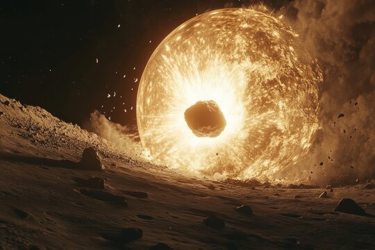 A breathtaking view of an asteroid hitting the Moon, portraying an intense flash at the point of impact, a large debris field, and the resulting shockwave