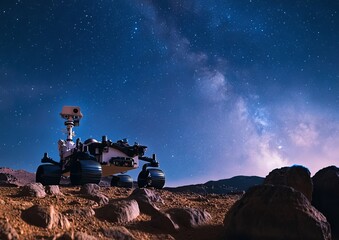 Mars rover exploring the surface, traversing over red rocks against a clear, star-lit sky