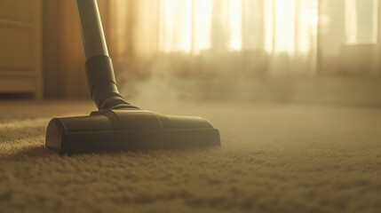 Steam cleaning: vacuuming carpet with morning sunlight streaming through curtains for a fresh home