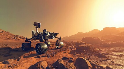 Mars rover exploring the surface, uncovering unique mineral formations under the pale, Martian sunshine
