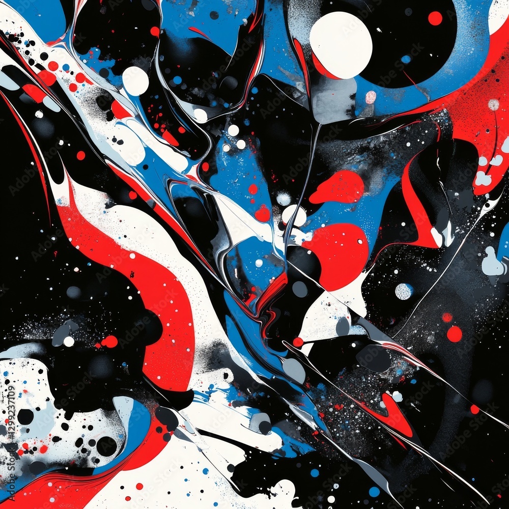 Poster fluid abstraction: a dynamic composition of red, white, blue, and black in motion, evoking a sense o