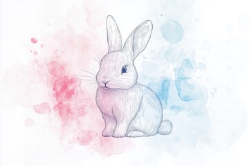 Obraz premium Minimalist Easter greeting card with a hand-drawn bunny and soft pastel watercolor splashes