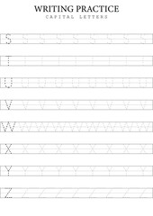 Capital Letters Tracing 3 S to Z Template for Kids, Simple Vector Alphabet Writing Practice Sheet