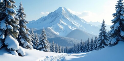 Obraz premium Snowy peak with dense forest in the background, trees, tree branches, cold