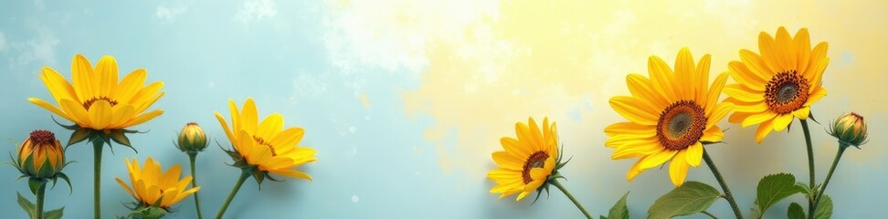 Fototapeta premium Soft blues blend into creamy whites amidst sunflower yellows, texture, yellow