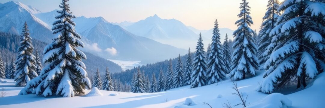 Snowy forest with riziere de montagne in Yunnan, pine forest, landscape, snow
