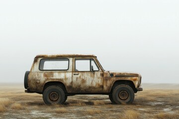 An old weathered vehicle parked on a desolate field