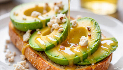 Delicious avocado toast with honey drizzle, energizing breakfast concept