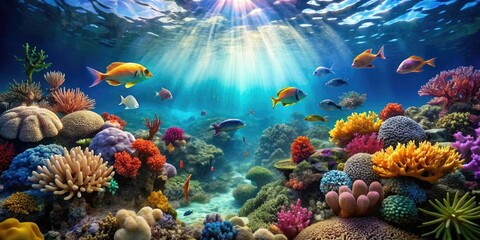 Obraz premium Underwater scene of marine life and coral reefs, sea anemone, seaweed