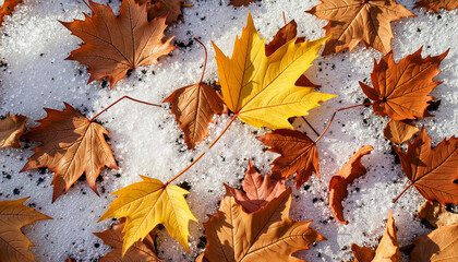 Obraz premium Melting snow on colorful fallen leaves in forest, seasonal transition