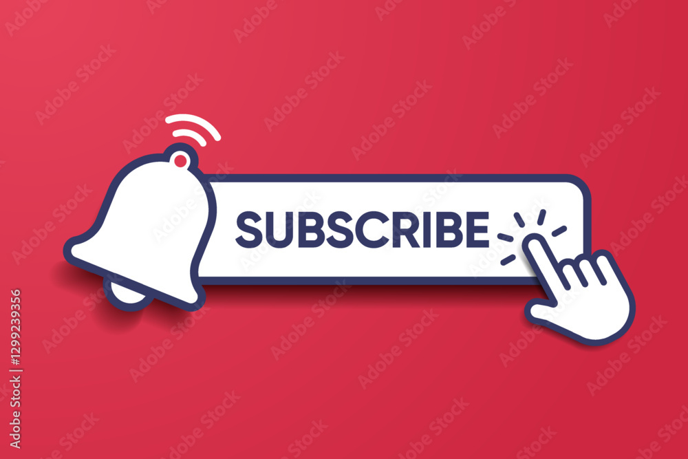 Aufkleber Subscribe icon button, bell icon. Notification icon button and hand cursor click. Red button subscribe element for social media, marketing, channel, website, mobile app. Vector illustration eps10