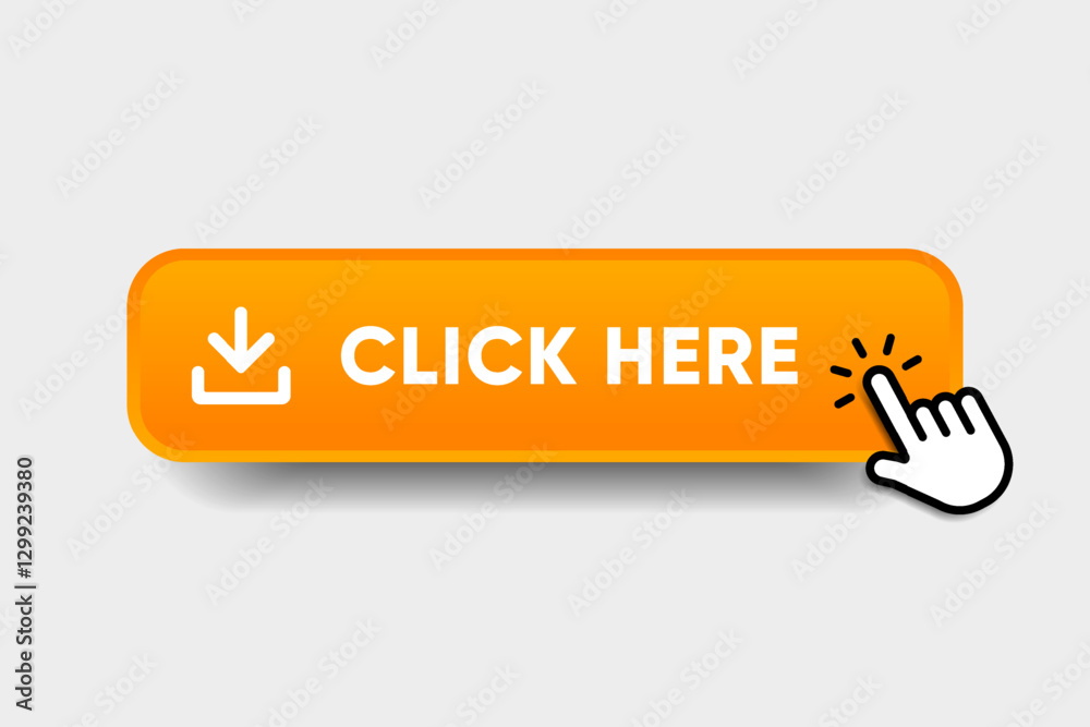 Fototapete Click here web buttons with hand cursor. Set of action button with arrow pointer. Click button. Modern action button mouse click symbol. Computer mouse click cursor or Hand pointer symbol.