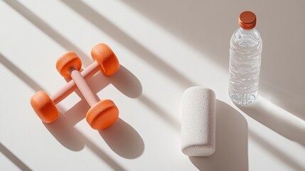  Flat lay of yoga essentials: top-view minimalist workout gear arrangement.