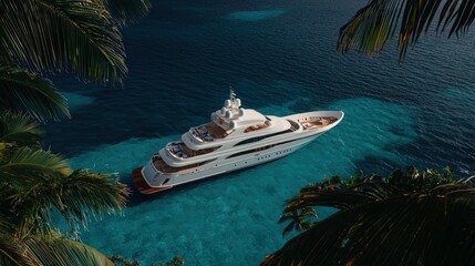 Luxury yacht anchored in tropical lagoon