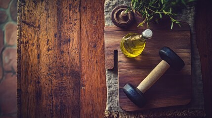  Flat lay of yoga essentials: top-view minimalist workout gear arrangement.