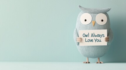 Cute owl holding sign with pun message against pastel background