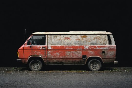 A weathered red and white van is parked on asphalt ground