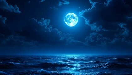 Full moon, stormy ocean at night, dramatic clouds, moonlit waves